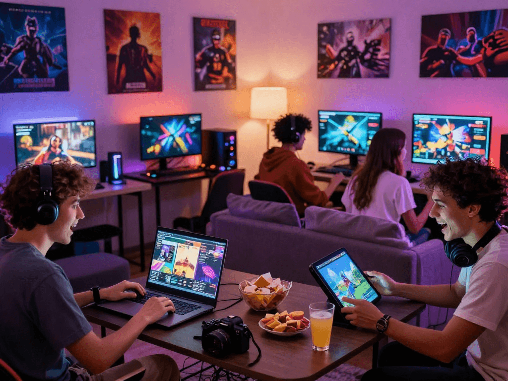 Playing engaging porngames in a vibrant gaming lounge with friends.