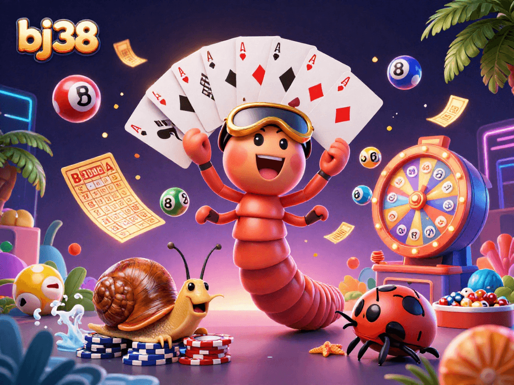 Experience winning moments at bj38 with a vibrant 3D casino illustration featuring animated characters and dynamic game elements.