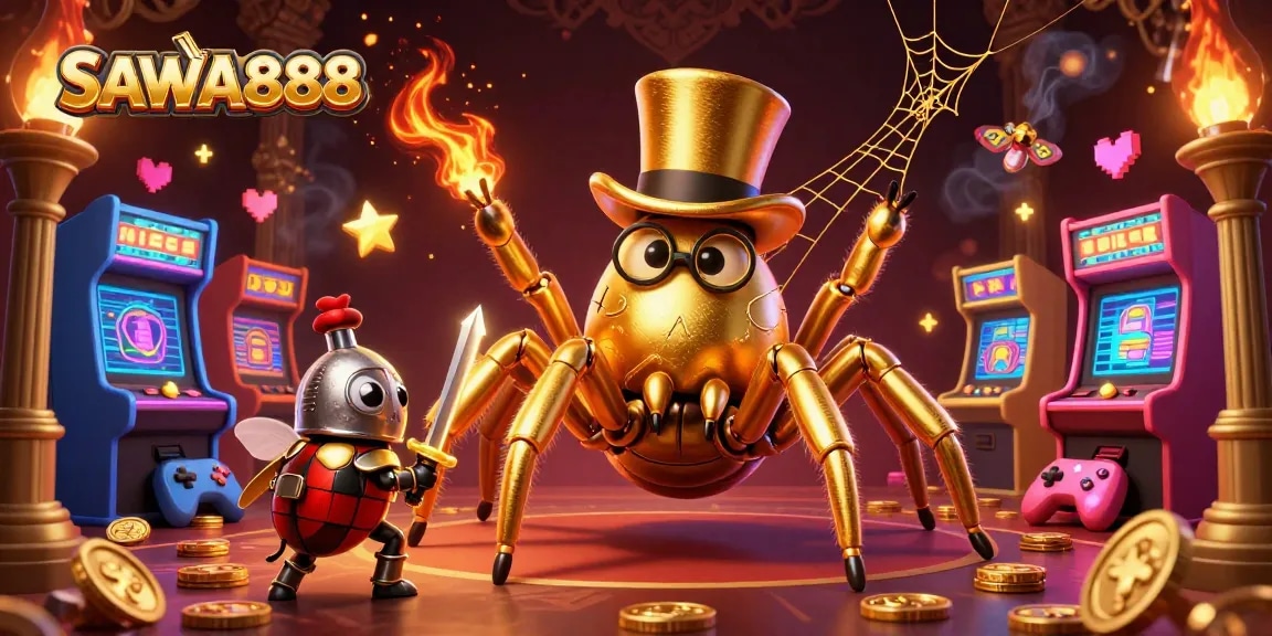 Experience thrilling gameplay at SAWA888 with an adventurous scene showcasing a golden tarantula and beetle knight.