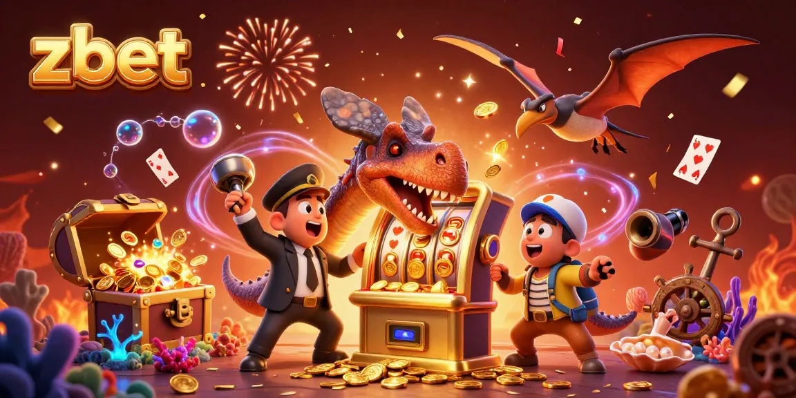 Win big with zbet as a dinosaur wins a jackpot, surrounded by gold coins and gaming treasures!