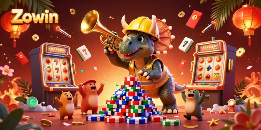 Engage with Zowin's thrilling casino experience featuring playful dinosaurs and vibrant gaming elements.