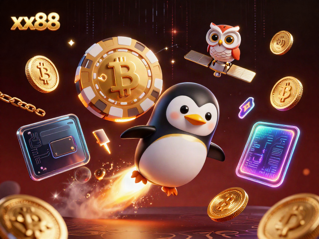 Experience xx88's vibrant casino scene with a golden penguin racing toward a poker chip space station.