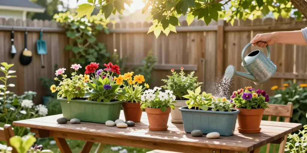 Beautiful garden with idealistplanters.co.uk colorful planters, flowers, and sunlight.