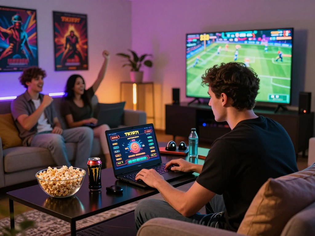 Excited player enjoying TK1971 online casino games in a lively living room.