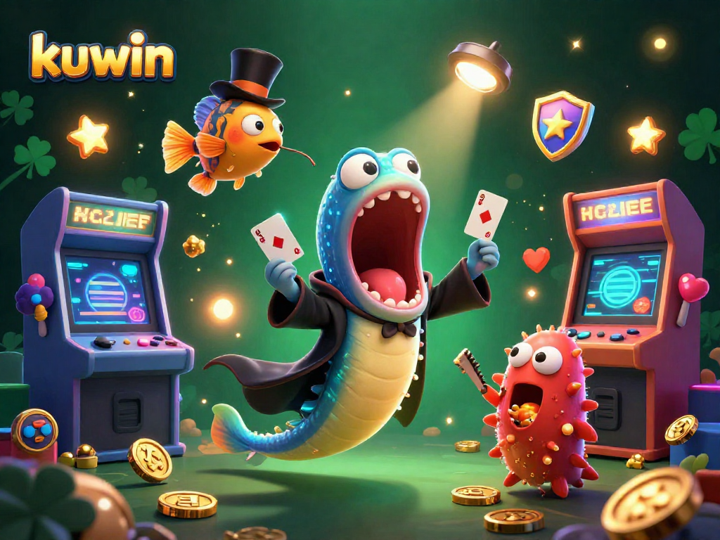 Kuwin interactive casino illustration with deep-sea creatures performing magic tricks, showcasing vibrant gaming elements.
