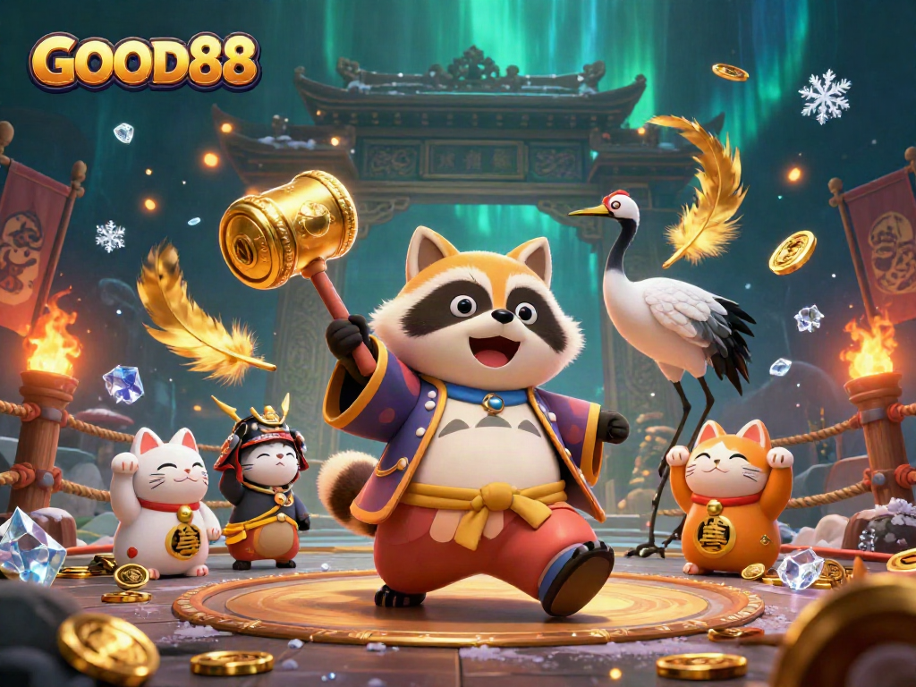 GOOD88 showcases a cheerful tanuki in a festival outfit with lucky symbols and vibrant casino elements.