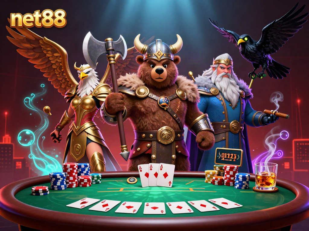 Experience thrilling poker action with net88's vibrant Viking and Valkyrie scene, showcasing action-packed gaming.