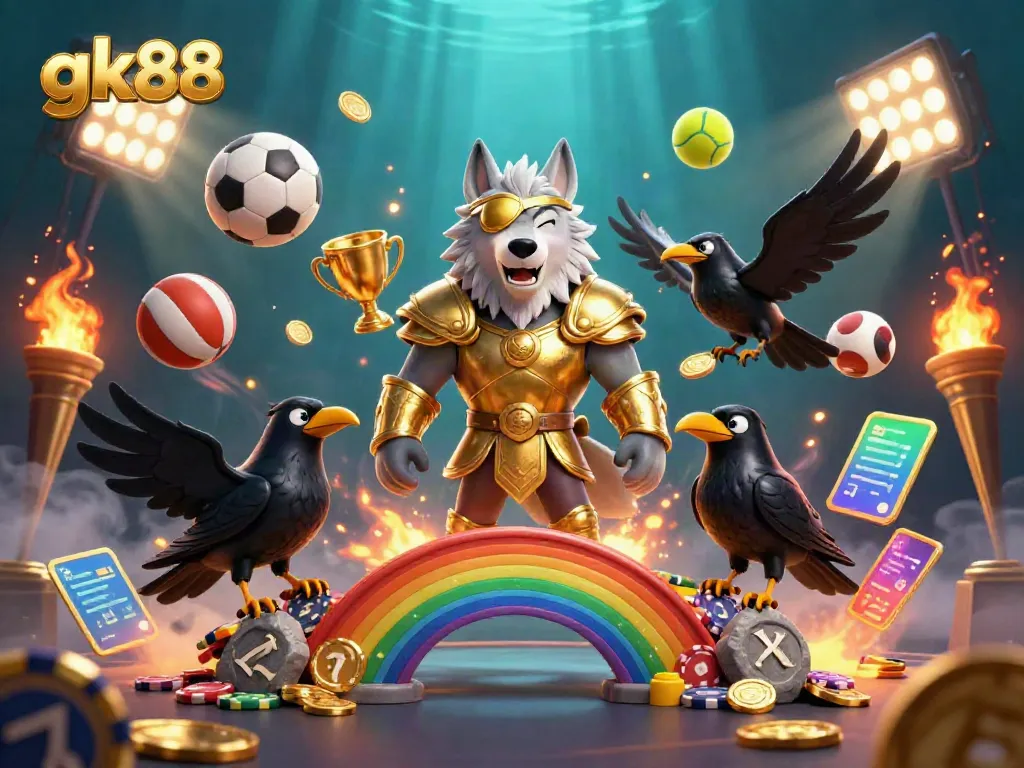 Experience the vibrant world of gk88 with a Norse mythology-inspired illustration showcasing Odin and dynamic sports elements.