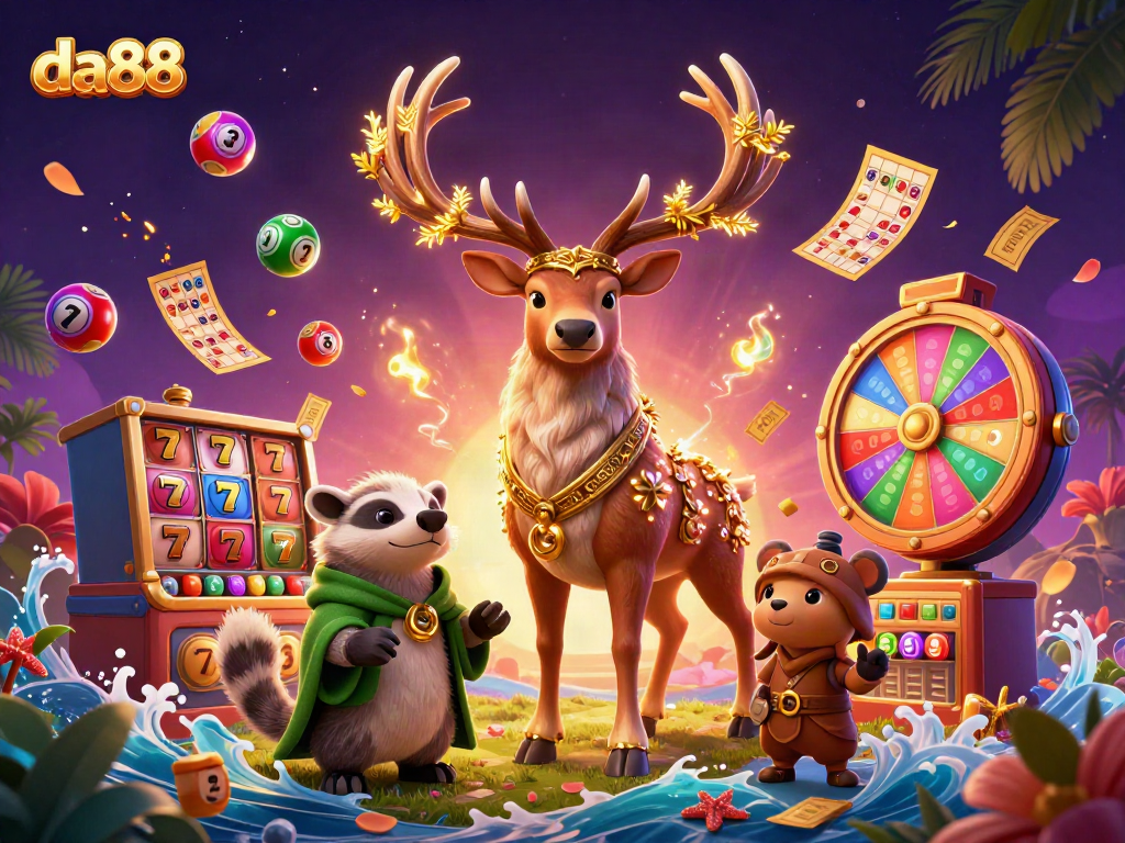 Experience thrilling fun at da88, showcasing a Celtic druid stag surrounded by vibrant casino elements.