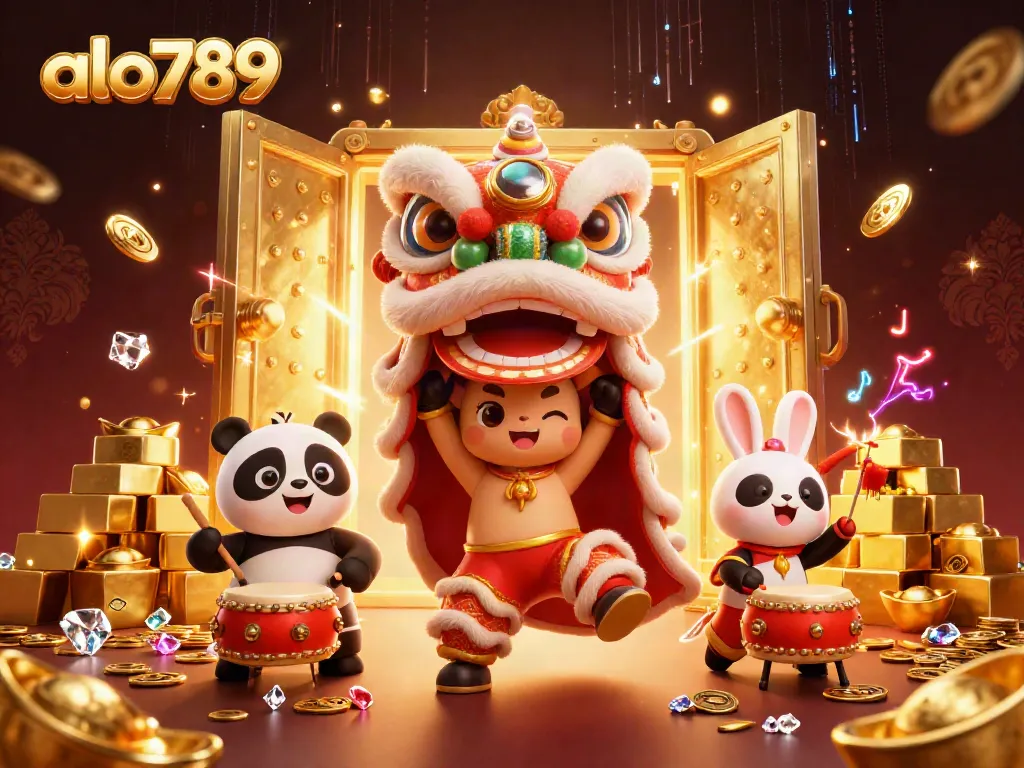 Alo789 gamers enjoy thrilling victories with vibrant casino elements surrounding playful characters.