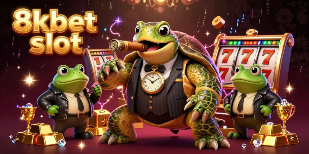 Engage with the vibrant world of 8xbet slot featuring animated characters in a dynamic casino scene.