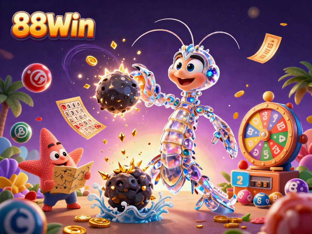 Engage in thrilling gameplay with 88Win featuring vibrant lottery balls, golden tickets, and dynamic game elements.