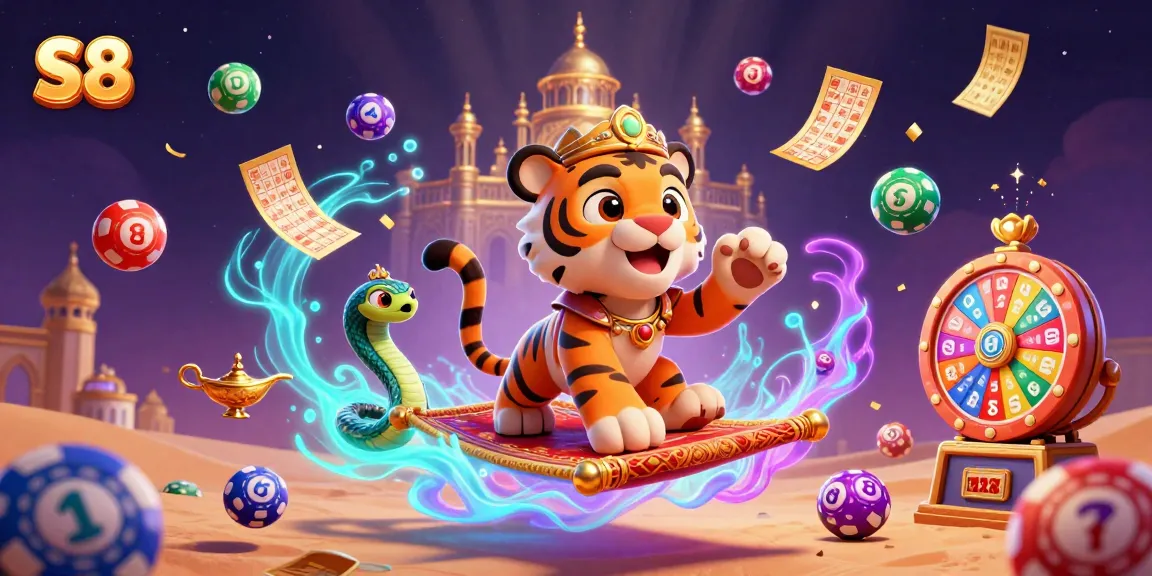 S8 platform offers vibrant gaming experiences with a tiger sultan on a flying carpet amidst colorful lottery elements.