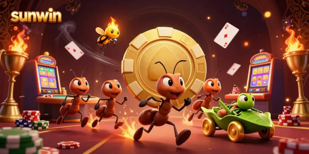 Witness sunwin's cartoon ants navigating a casino heist with poker chips amidst vibrant gaming elements.