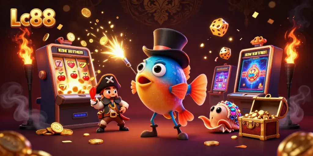 Engage with Lc88's vibrant casino scene featuring an anglerfish and dynamic slots.