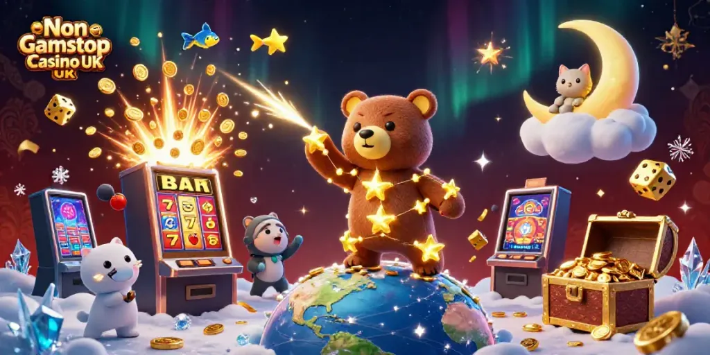 Experience the thrill at a Non Gamstop Casino UK with this vibrant 3D illustration of stars and slot machines.