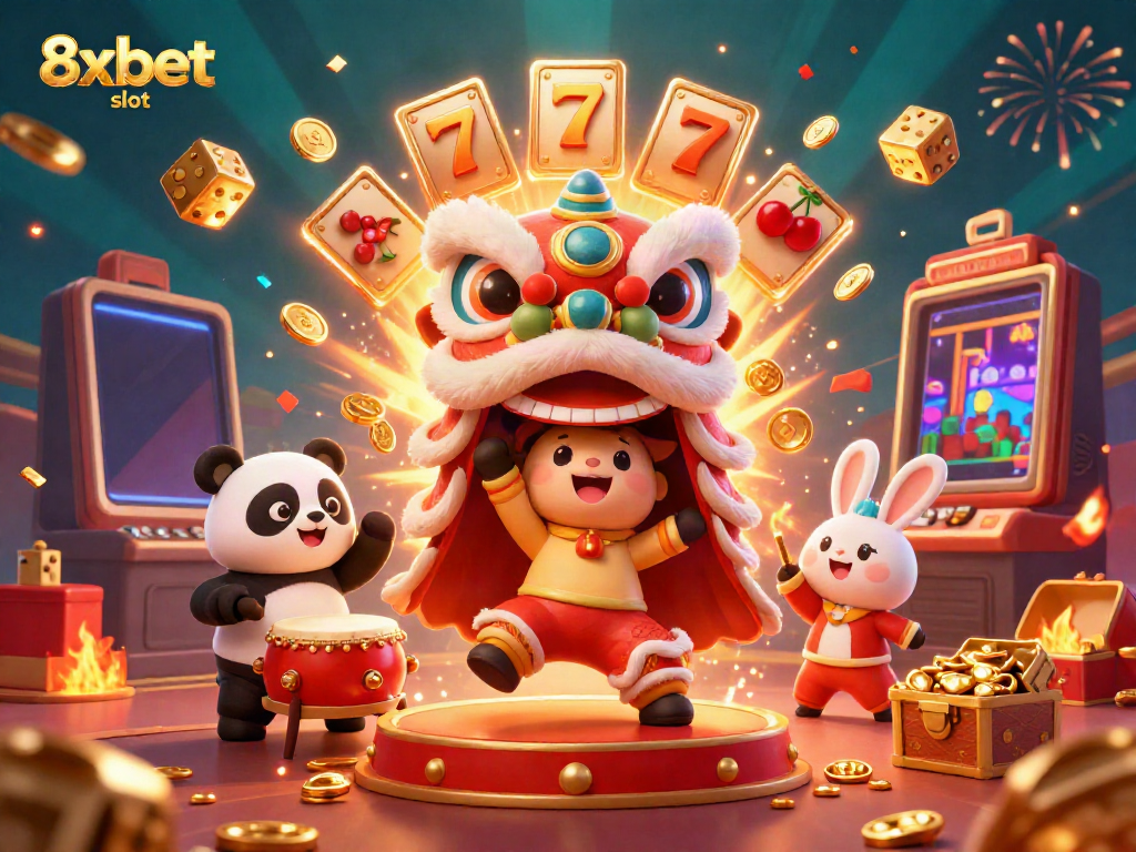 Experience 8xbet slot action in a vibrant illustration with lively characters and a jackpot explosion.