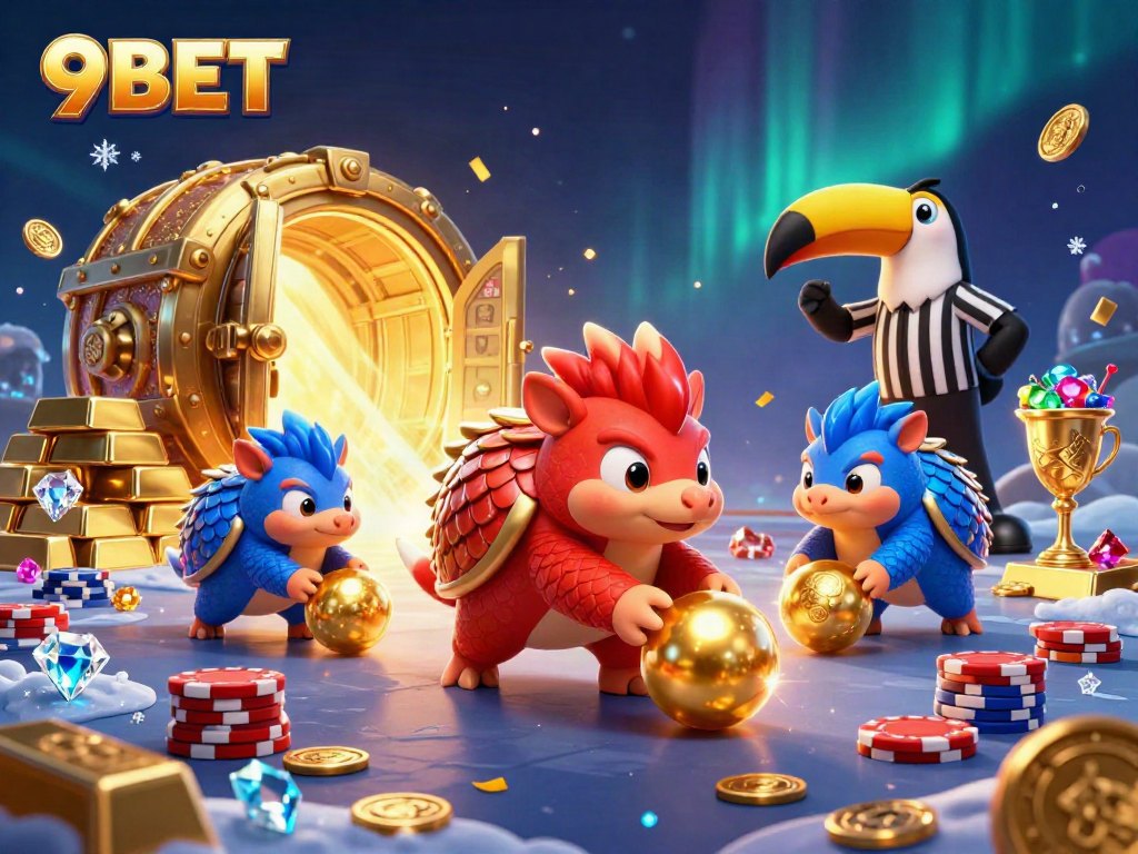 9BET pangolins competing in a vibrant casino setting, amid golden treasures and poker chips.
