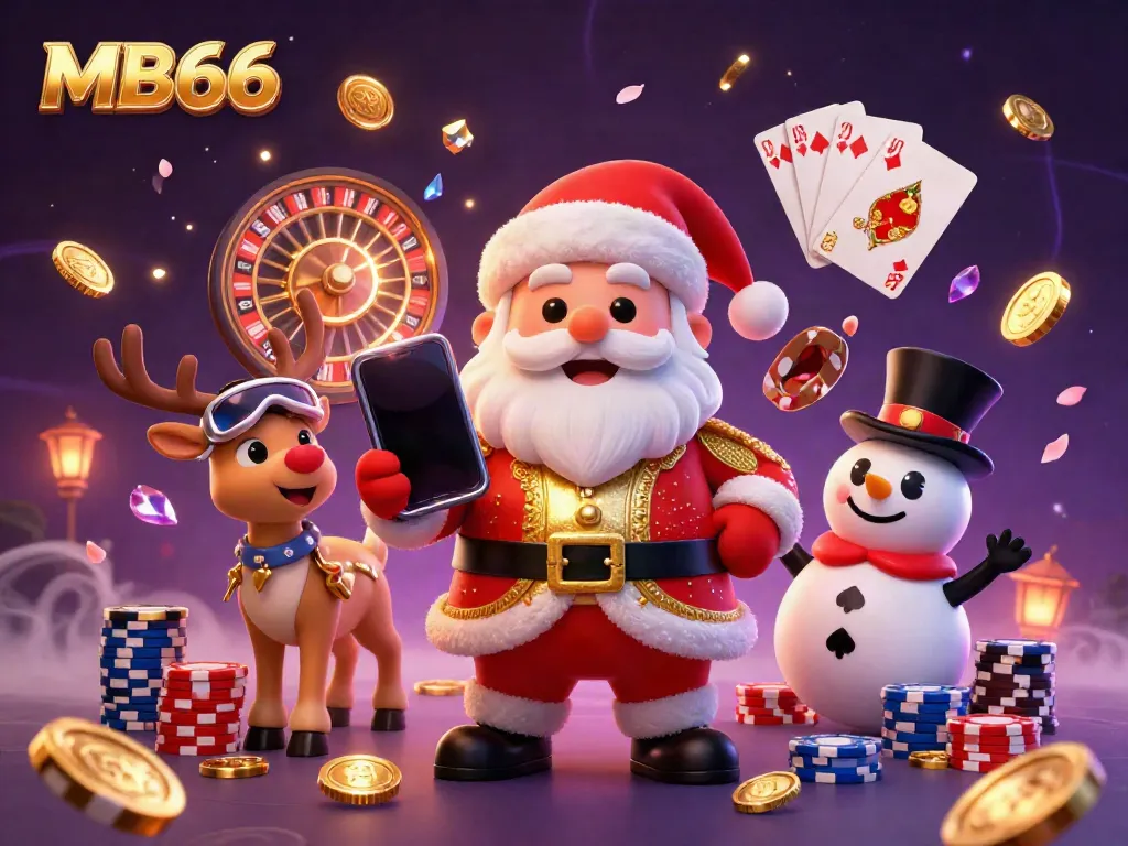 Experience the excitement of MB66 with Santa Claus in a casino scene showcasing lively slots and chip stacks.