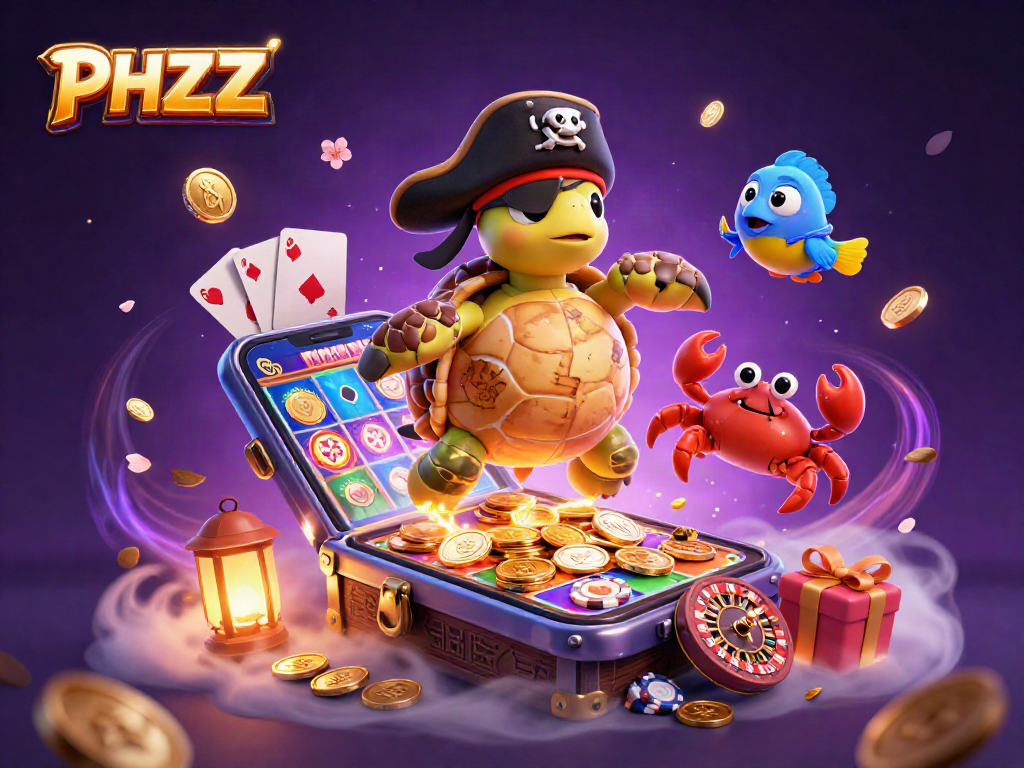 Engage in thrilling gaming with PHZZZ, featuring cartoon characters amidst dynamic casino elements.