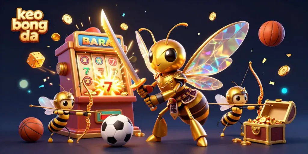 Engage with keo bong da in this vibrant 3D sports betting scene featuring golden hornet warriors and dynamic elements.