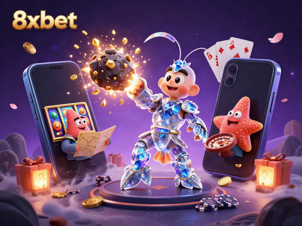 Engage in thrilling casino action with 8xbet's vibrant 3D illustration featuring dynamic characters and gaming elements.