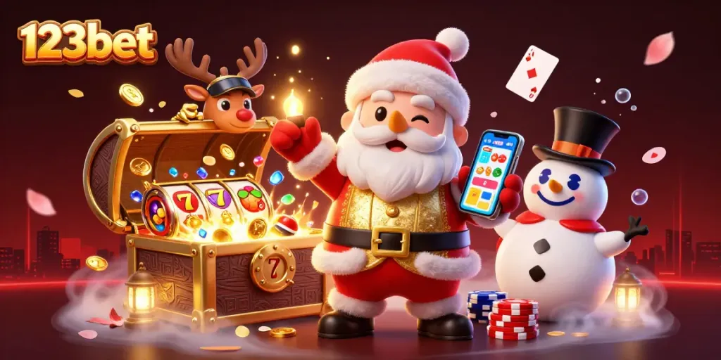 Engage with 123bet's exciting casino adventure featuring Santa, reindeer, and a snowman in a vibrant scene.