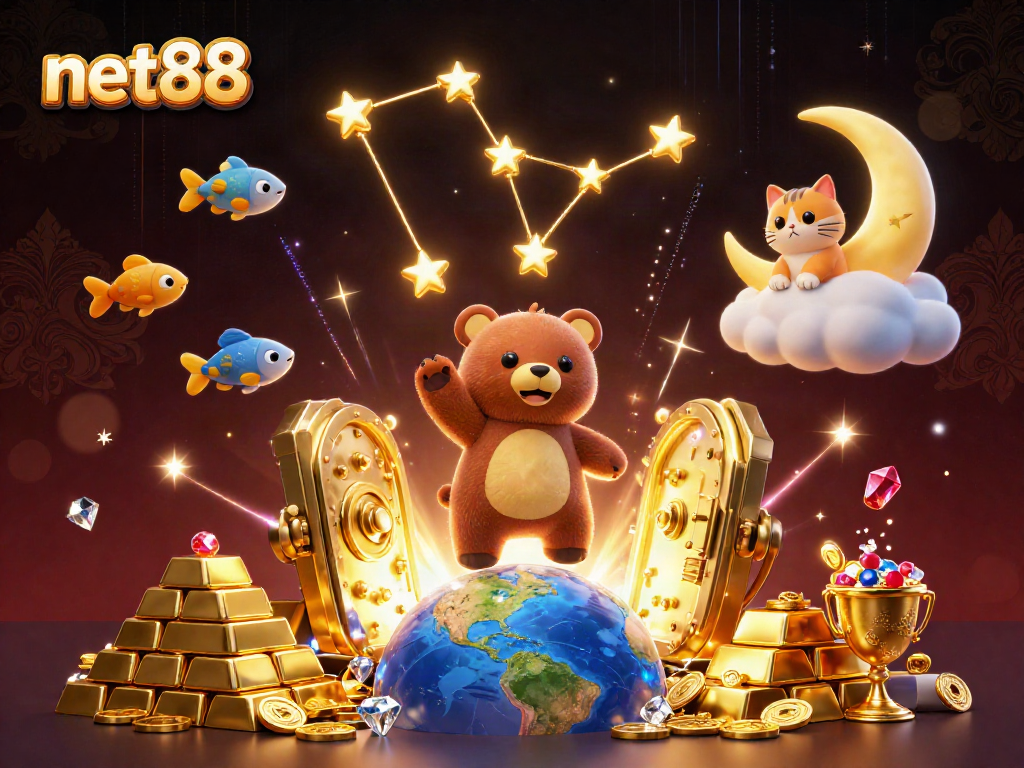 Win big at net88 with a vibrant 3D scene of treasure and luck-filled characters in an online casino atmosphere.