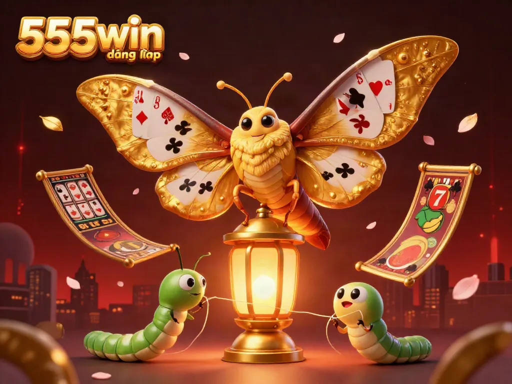 Engage with 555win đăng nhập for a vibrant casino experience featuring an animated atlas moth and rich game symbols.
