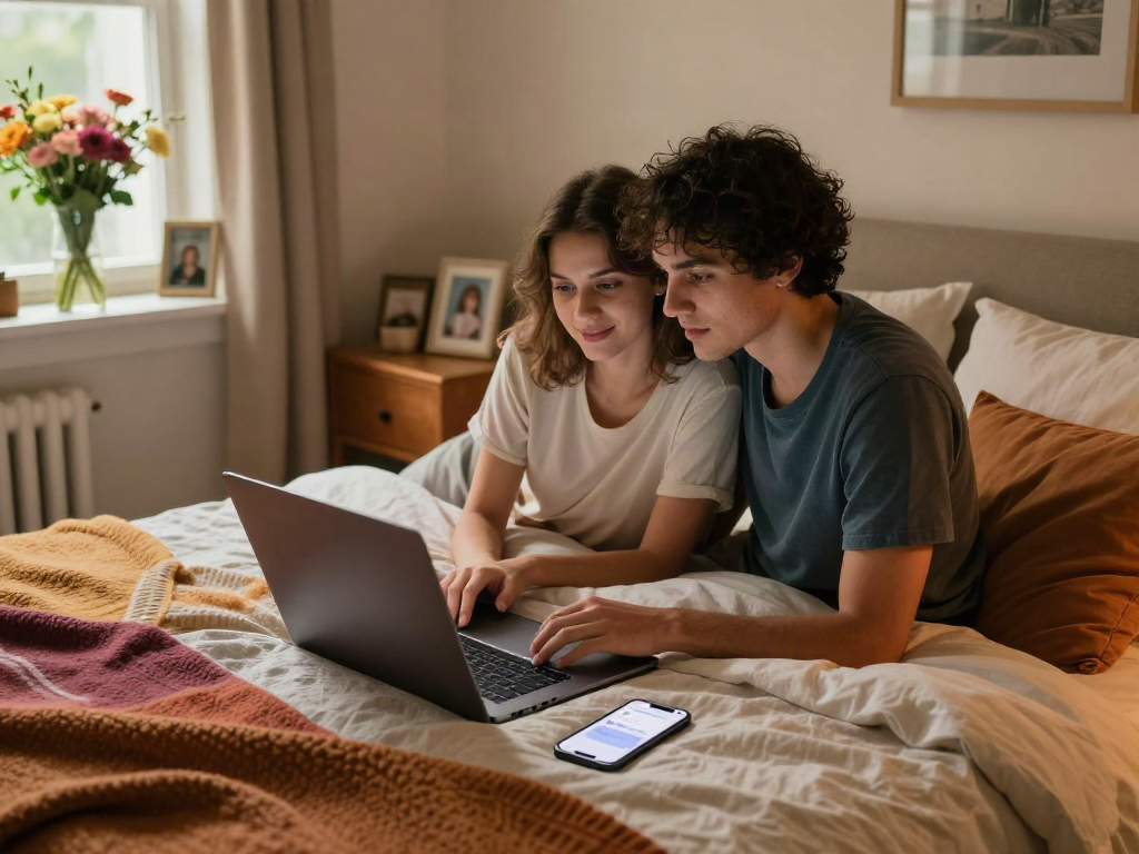 Couple exploring AI sex experiences on laptop in warm bedroom!