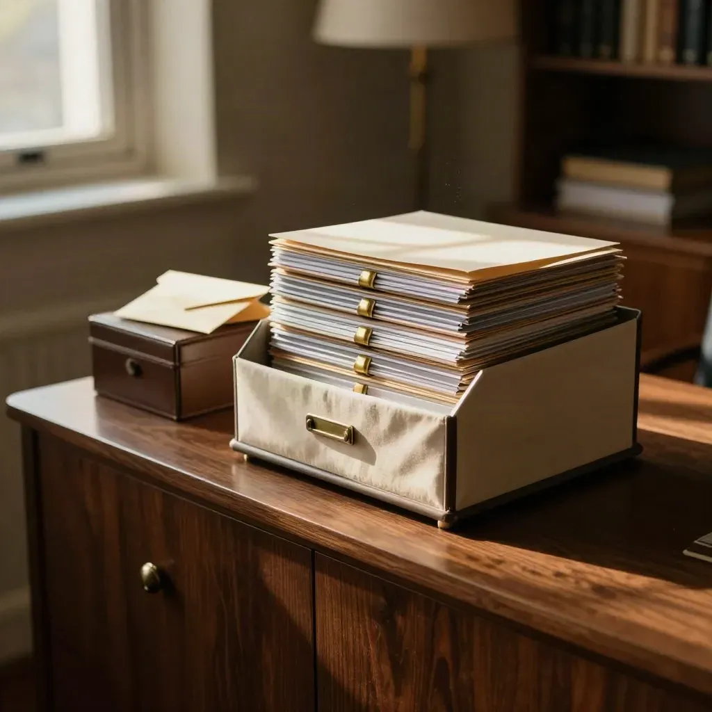 Archival binders and a rotating file tray on a walnut credenza in warm afternoon light.