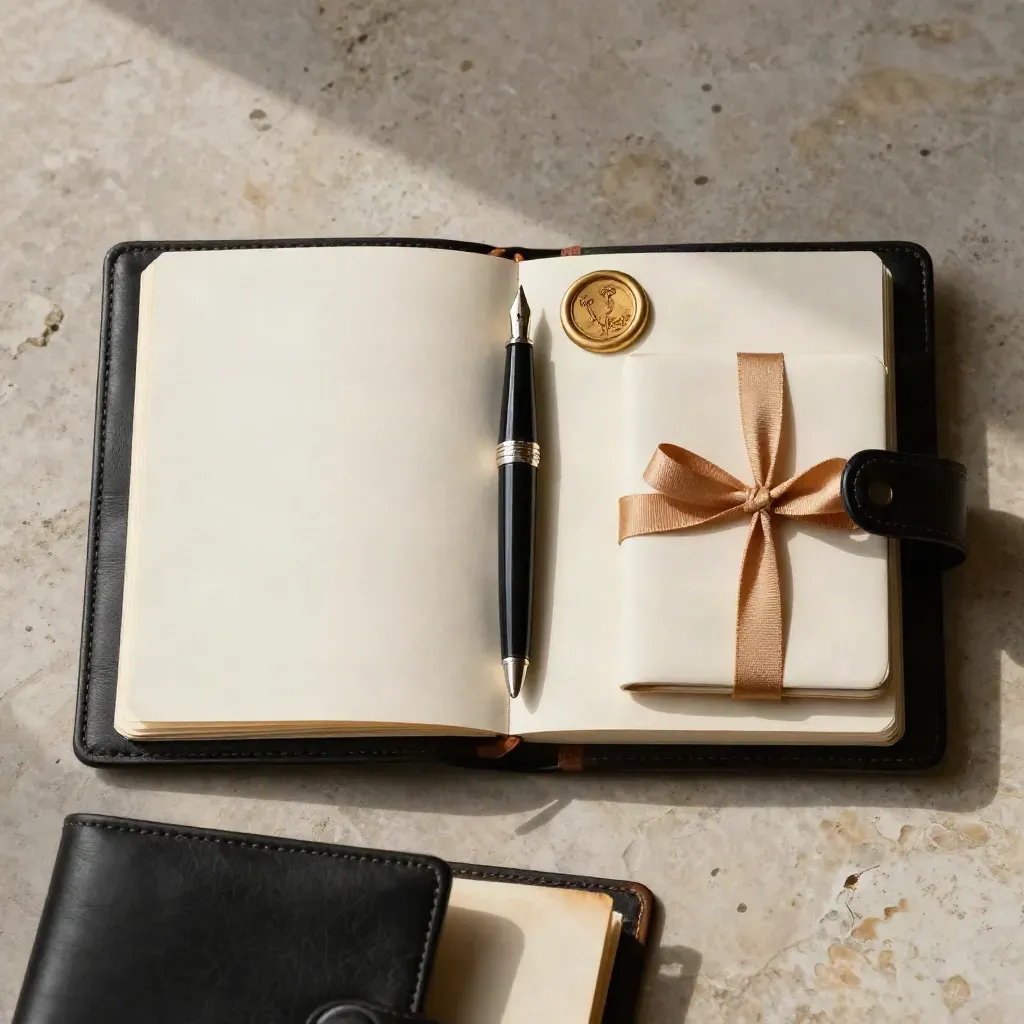 Open leather folio with pen, wax seal, blotter, and testament wallet on travertine.