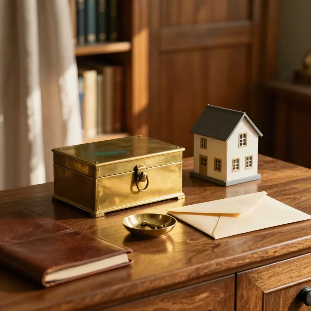 Brass deed box and trust items arranged on a walnut sideboard in a warm private study.