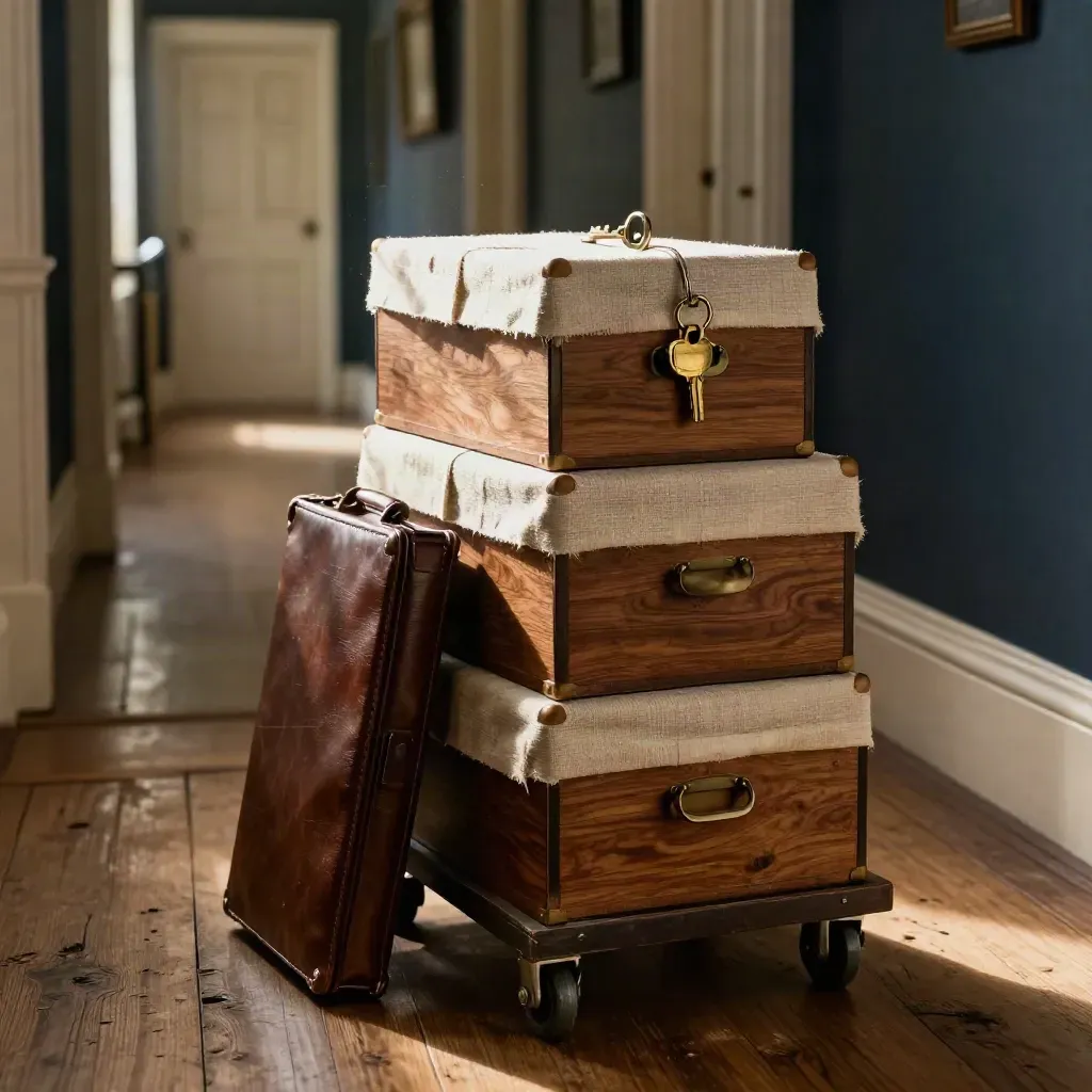 Archive boxes and a key ring at the end of a hallway, ready for probate handover.