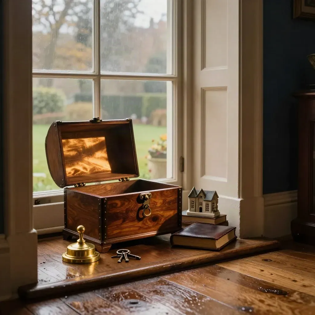 Open walnut trust chest in a Georgian library with keys, brass seal, folio and stone house model
