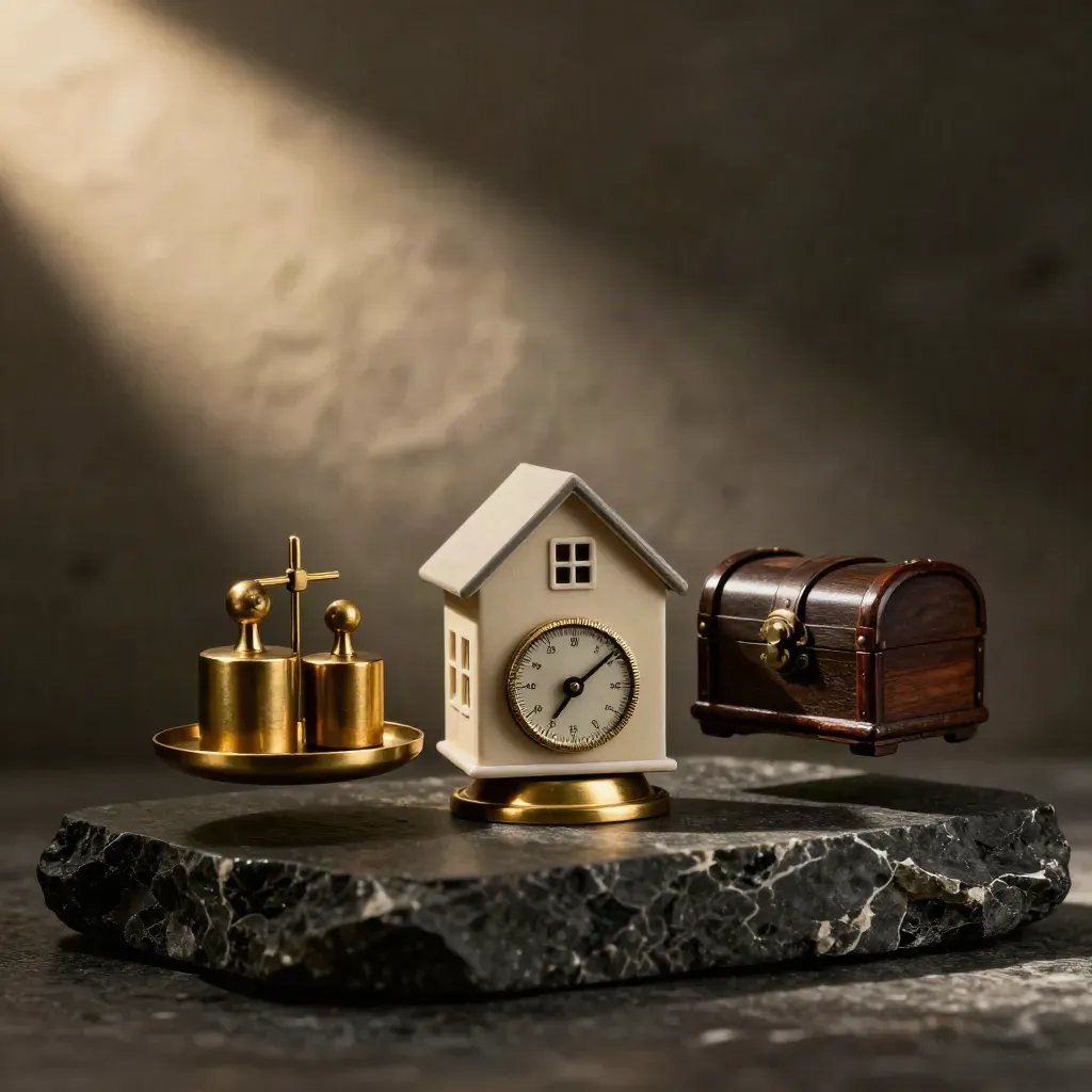 Small house model, brass weights, safe dial and trust chest on stone in moody light.
