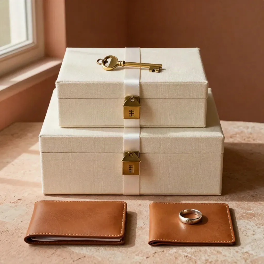 Top-down flatlay of archive boxes, key, leather wallet and signet ring on linen