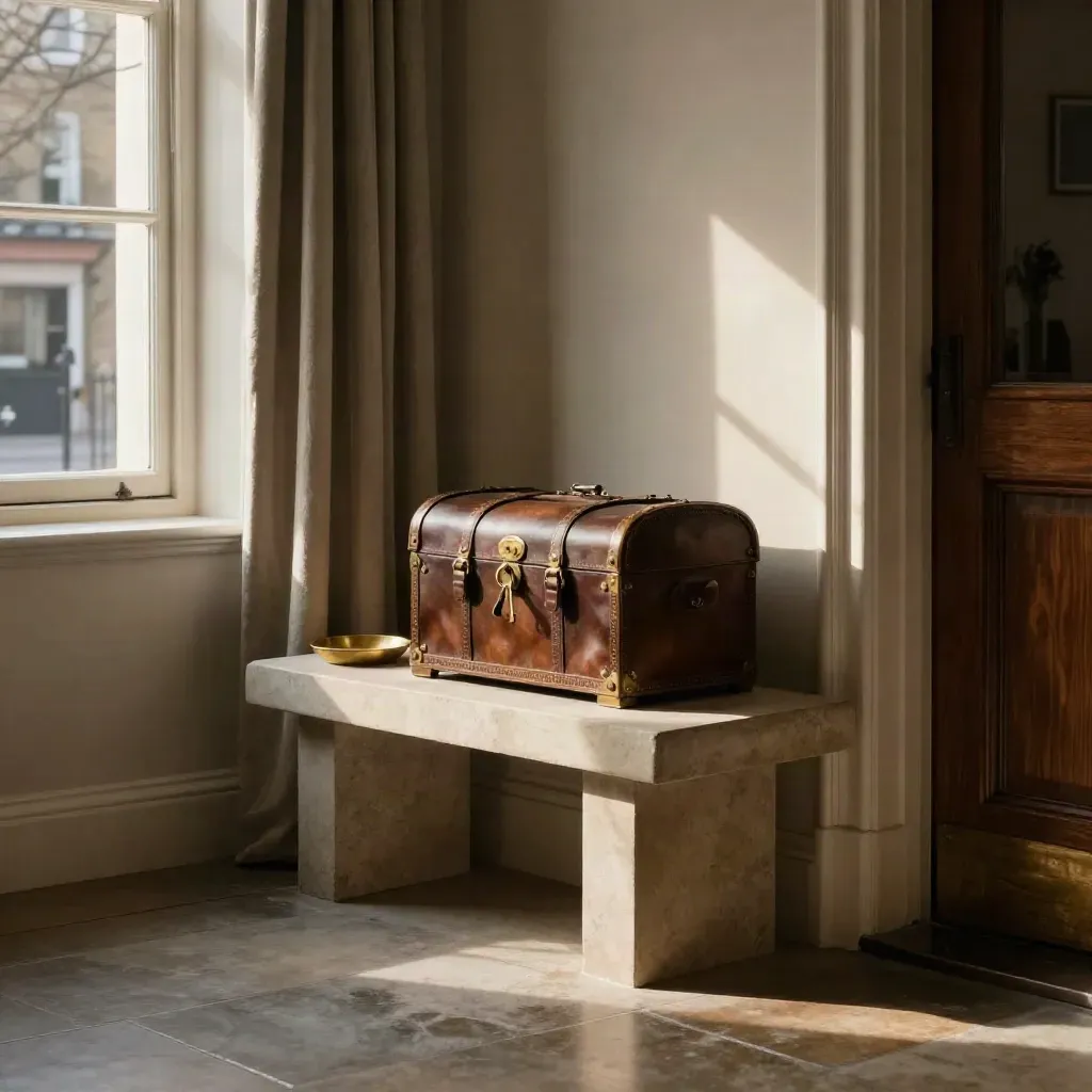 London townhouse entrance hall with trust chest, brass key dish and stone floor in soft winter light