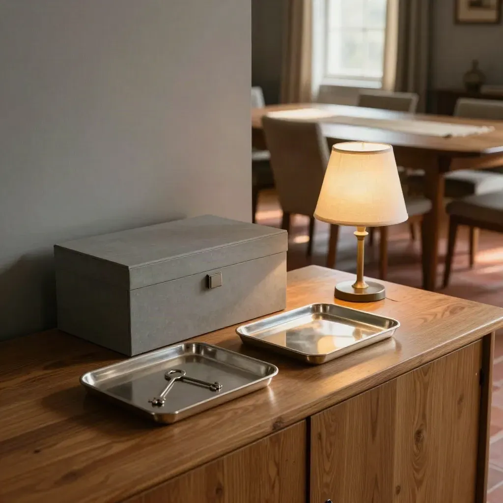 Cleared dining room sideboard with silver key trays, archive box, and glowing lamp