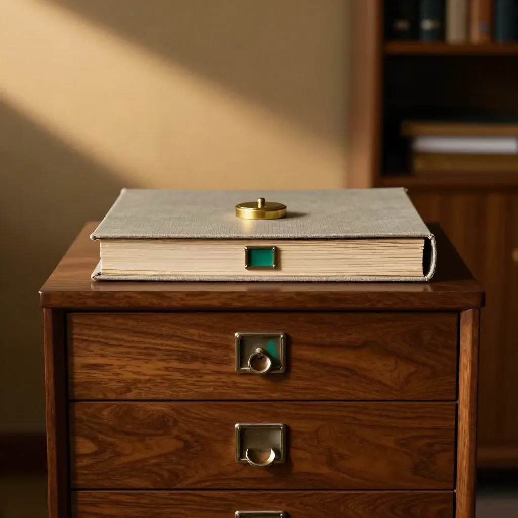 Walnut records cabinet with closed binder and brass seal in a moody private office