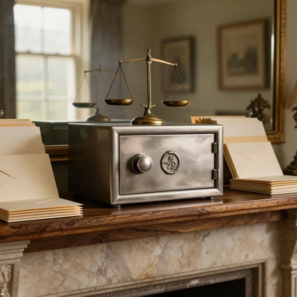 Country-house mantel with safe, sealed trust folios, and bronze balance sculpture