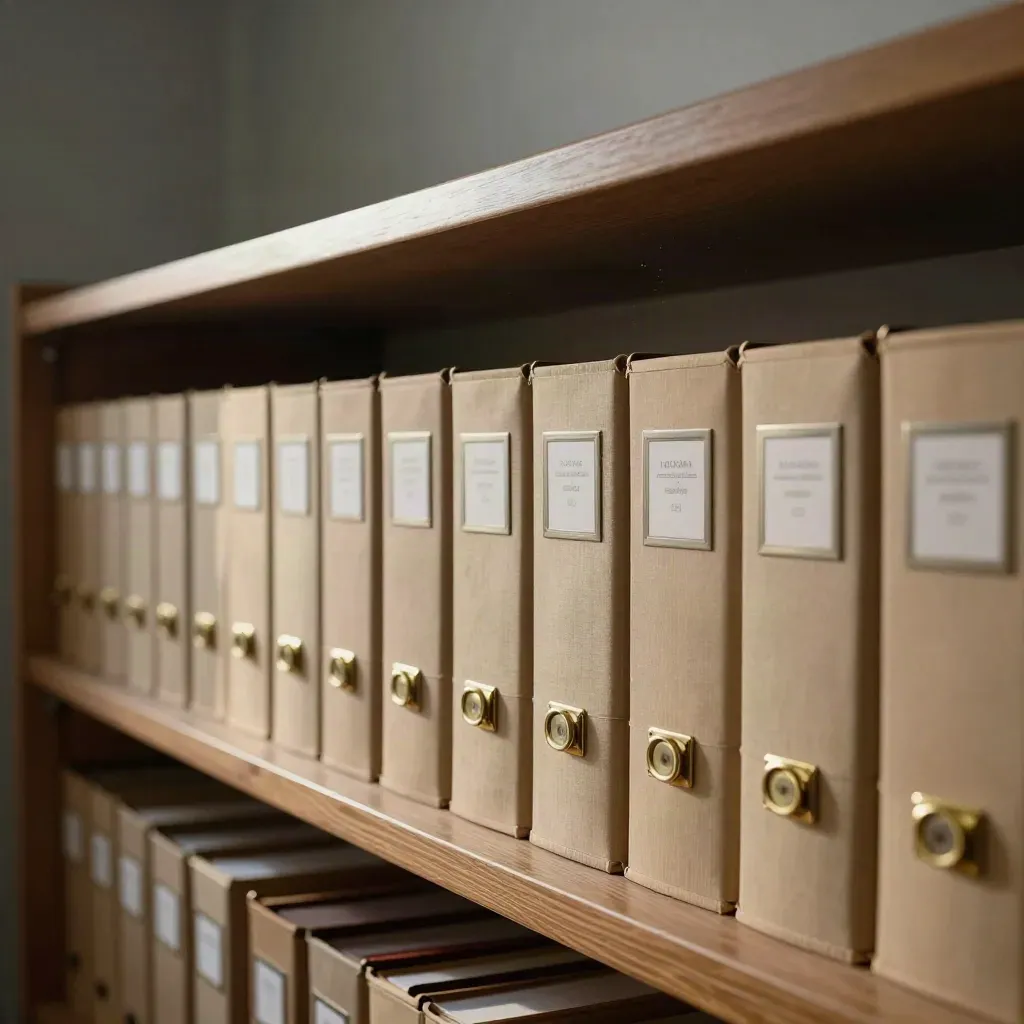 Restored trustee archive boxes lined on an oak shelf in a private records room