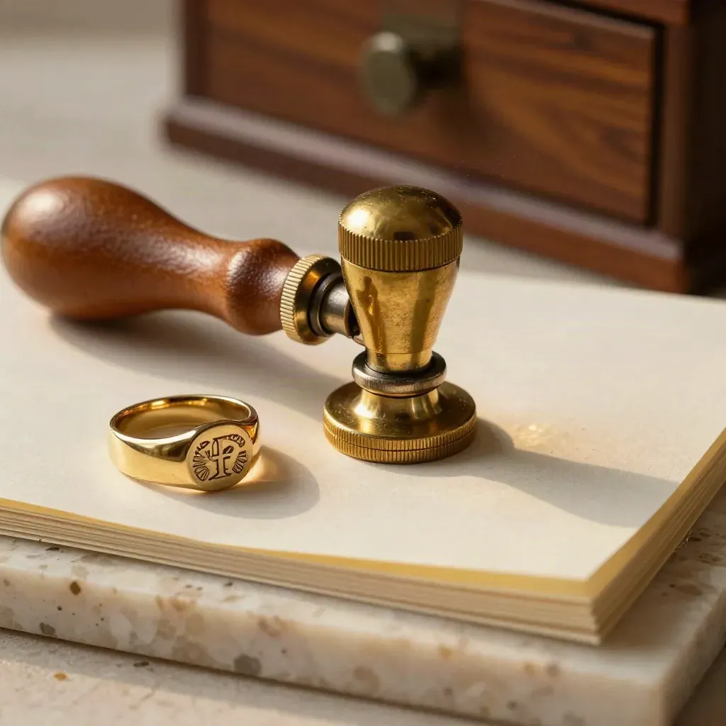 Brass seal press, signet ring and leather tabs on travertine in a premium trust-services still life.
