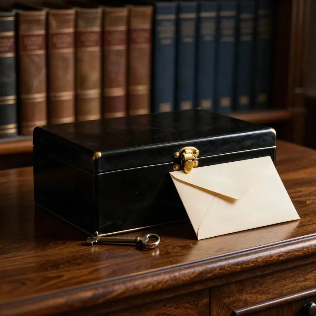 Black lacquer probate box, brass key and sealed envelope on a dark archive ledge