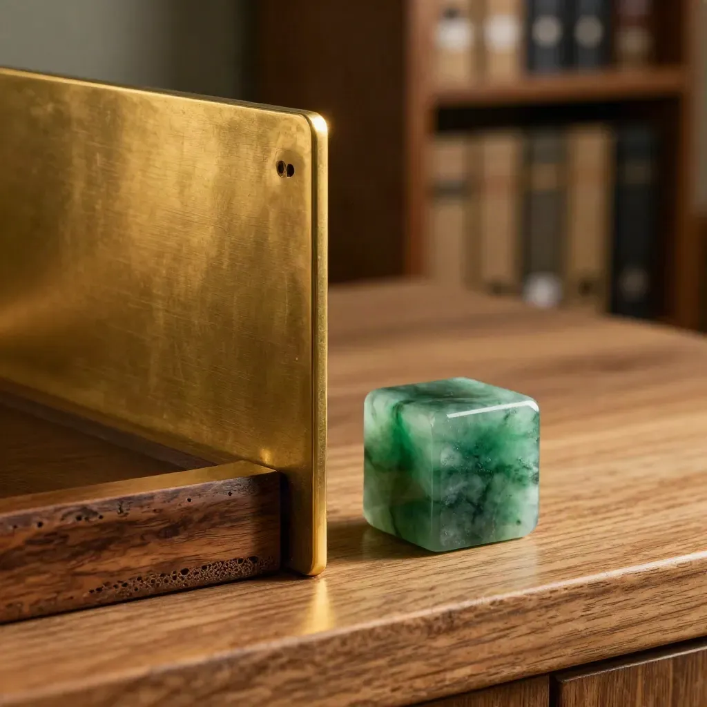 Brass divider, walnut box corner and emerald paperweight in a tight macro still life.