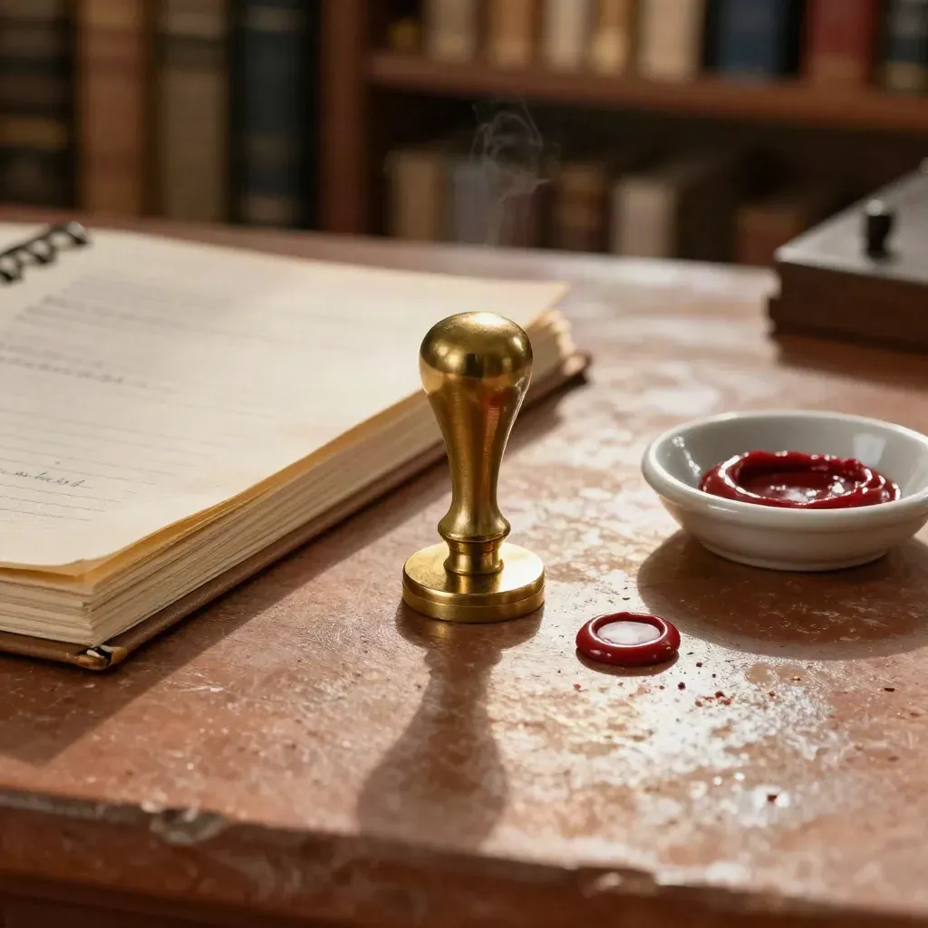 Brass date stamp with red wax, minute book spine and ink dish on a warm archival surface.