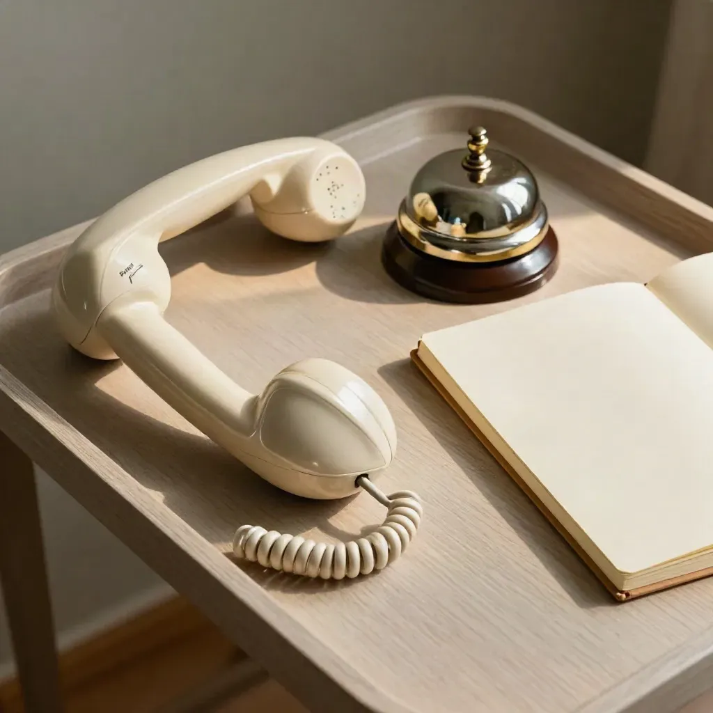 Ivory handset, brass bell and closed notebook on pale ash wood, soft side light.