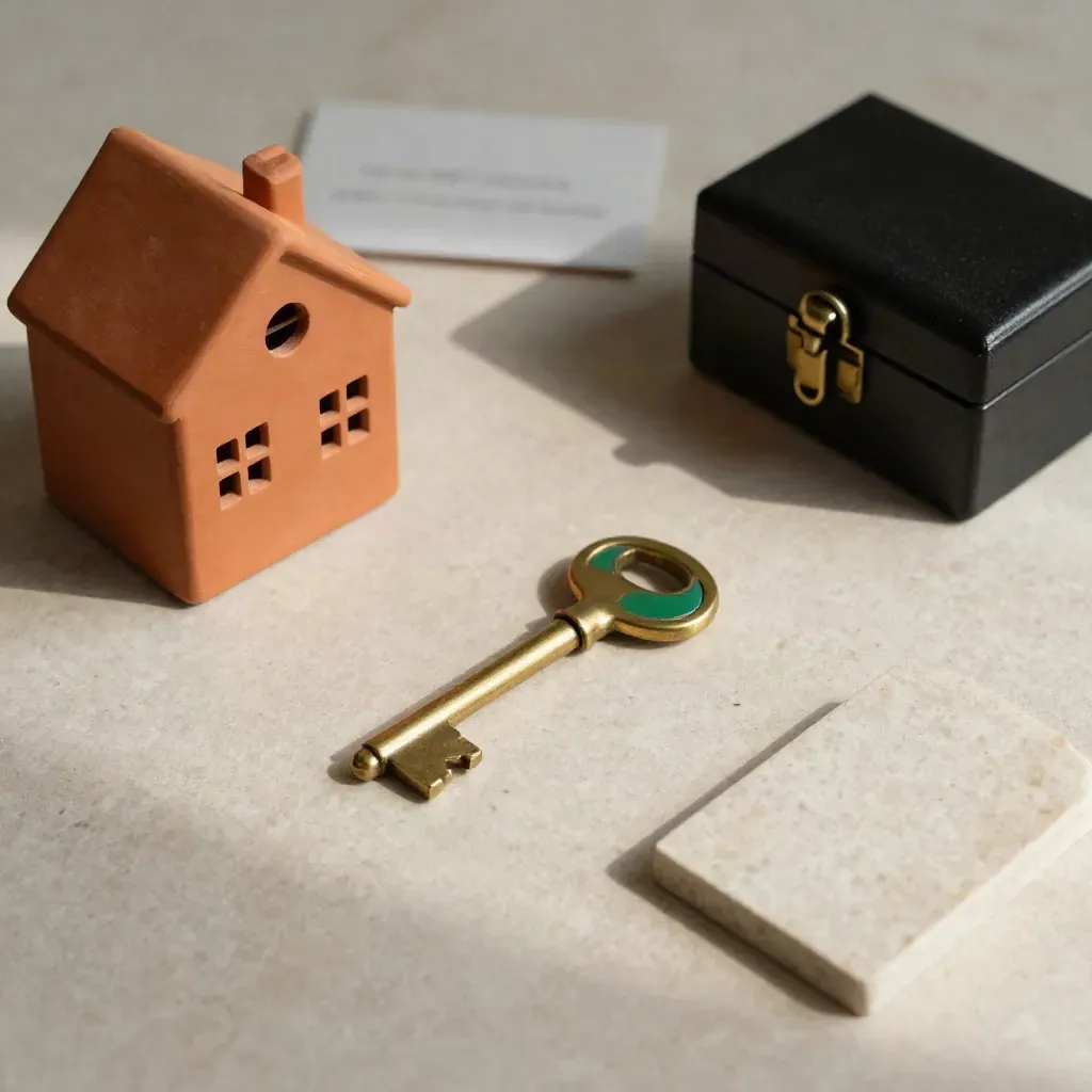Overhead flatlay of a terracotta house, brass key, locked box and stone marker on pale stone.