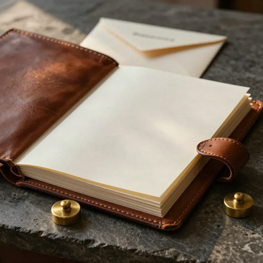 Open leather folio with blank sheets, brass weights and a sealed envelope on dark stone.