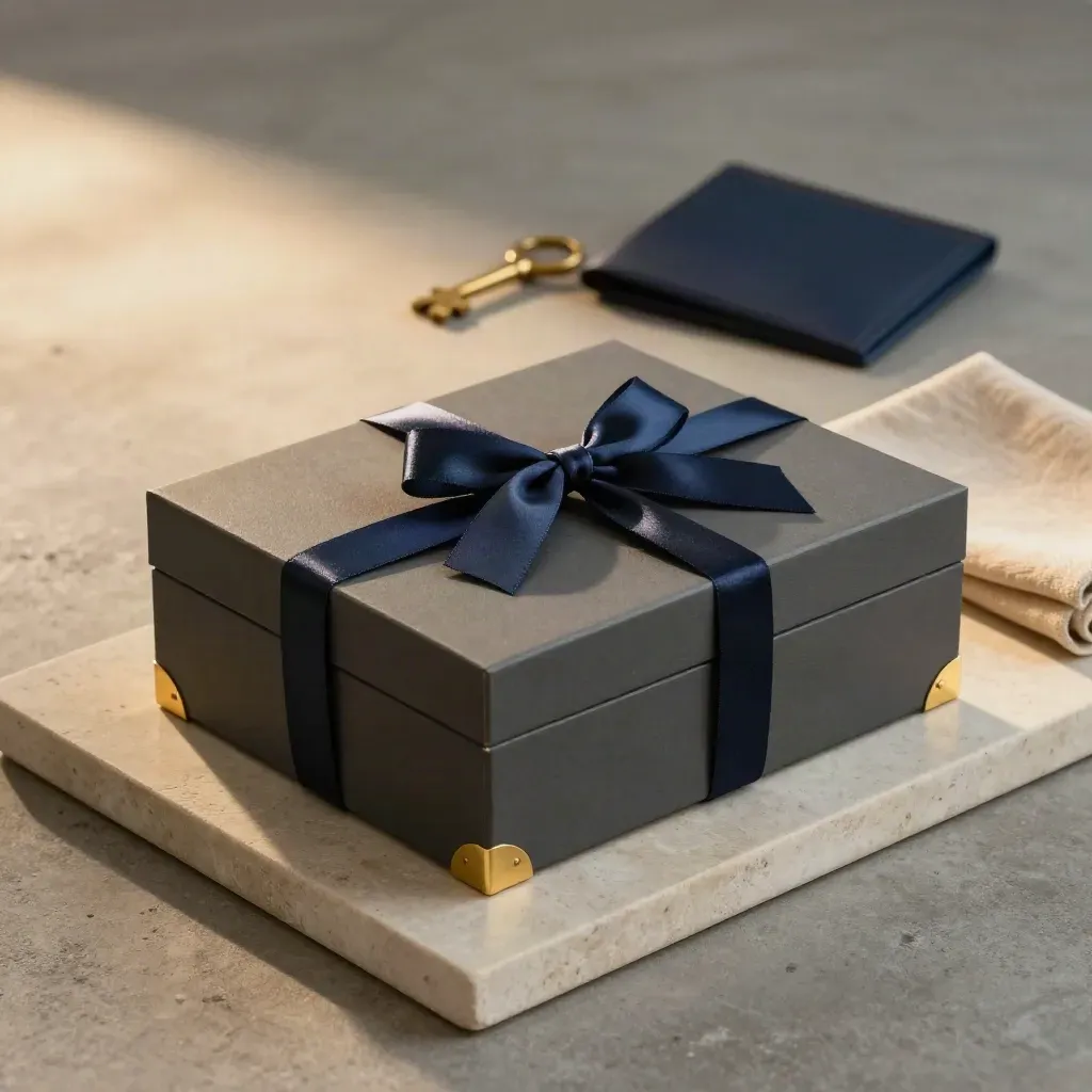 Stone tray with archive box, brass key, ribbon bundle and record wallet, softly lit